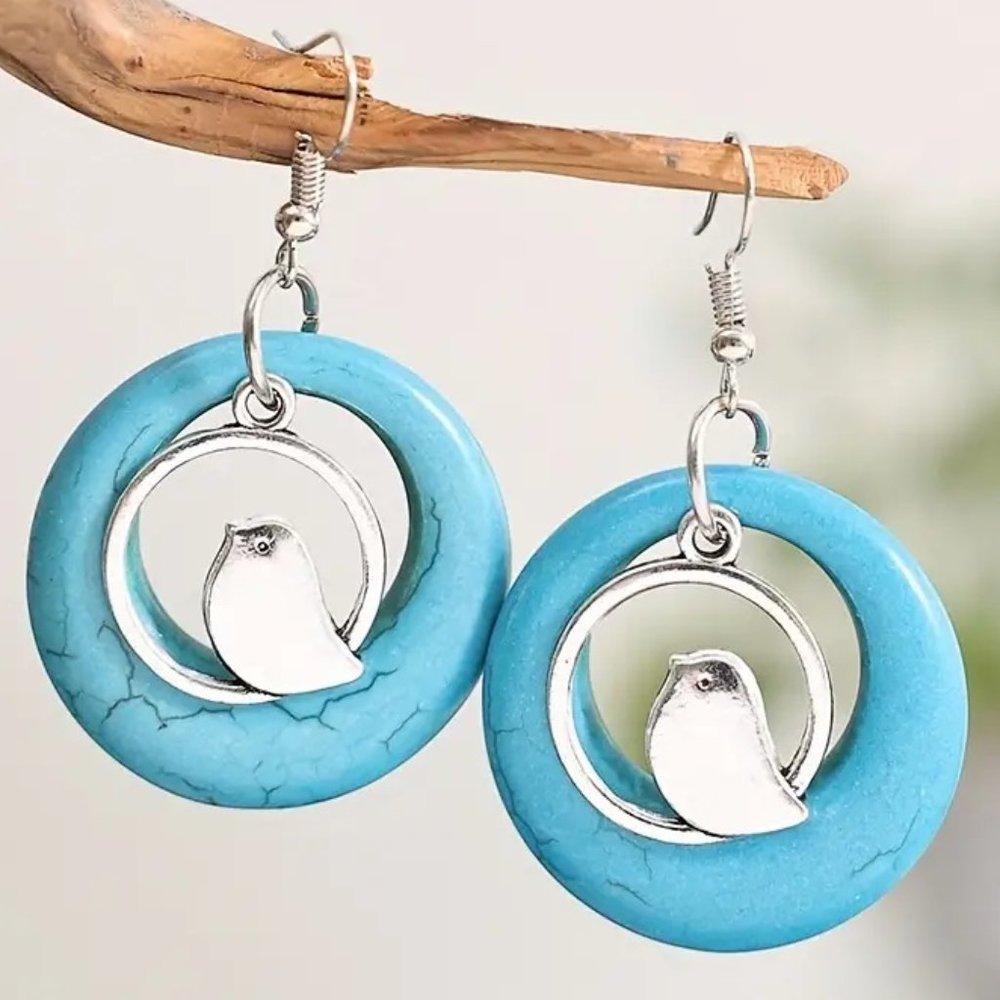 Blue Turquoise Silver Bird Dangle Drop Earrings - NEW